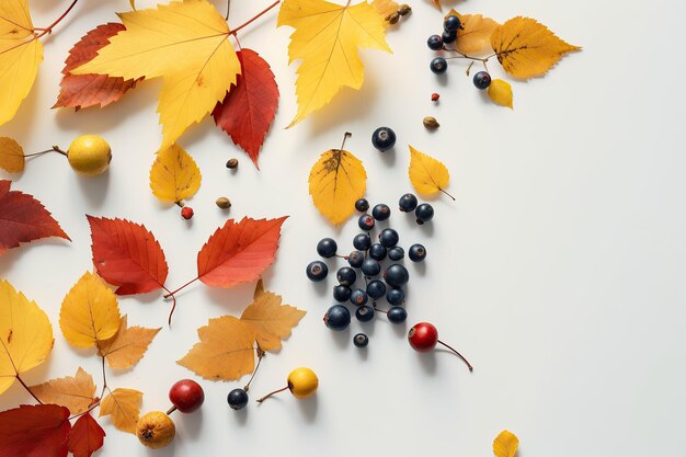 Fondo piatto autunnale su sfondo bianco di foglie e frutti autunnali