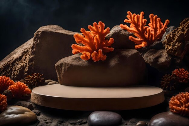 Fondo piatto del podio di pietra marrone con coralli arancioni nei bellissimi materiali dello studio fotografico