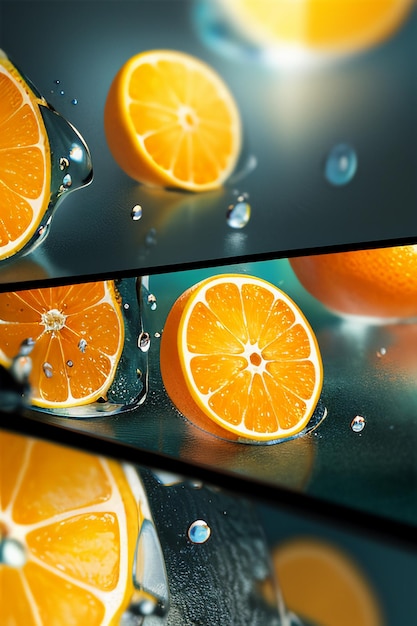 Fondo pubblicitario di promozione di affari dell'esposizione del succo d'arancia della fetta di frutta gialla arancione