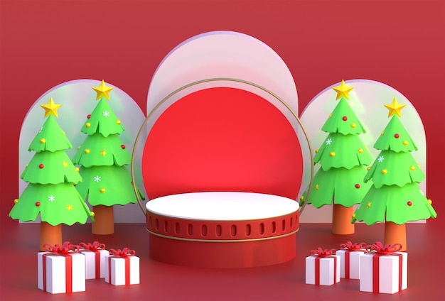 Fondo rosso del podio di Natale con il contenitore di regalo e l'illustrazione 3D dell'albero di pino