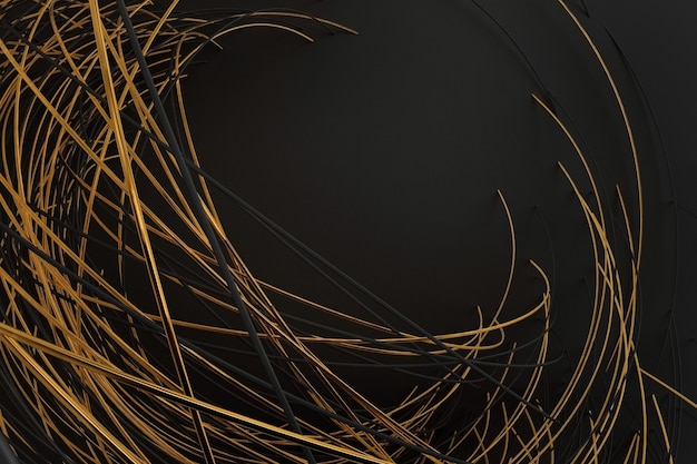 Fondo scuro astratto di molte barre sottili rotanti di illustrazione 3D di colore nero e oro di forma rotonda