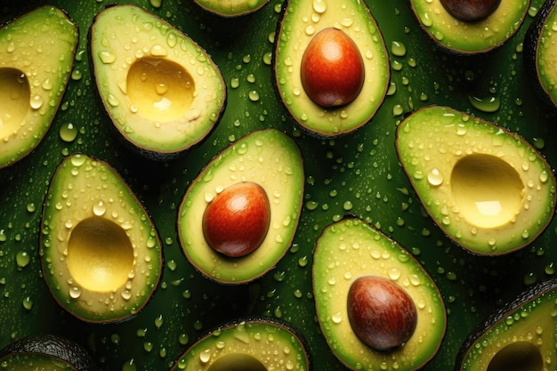 Fondo senza cuciture di avocado fresco adornato con goccioline luccicanti di acqua AI generato