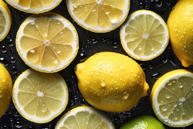 Fondo senza cuciture di limone fresco ornato con scintillanti goccioline d'acqua generate dall'intelligenza artificiale