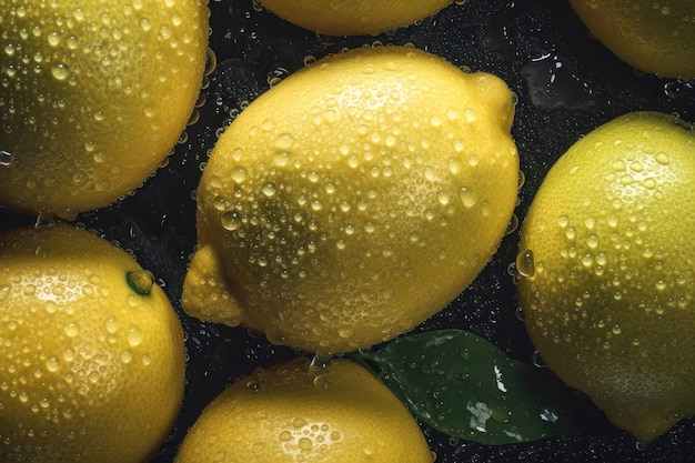 Fondo senza cuciture di limone fresco ornato con scintillanti goccioline d'acqua generate dall'intelligenza artificiale