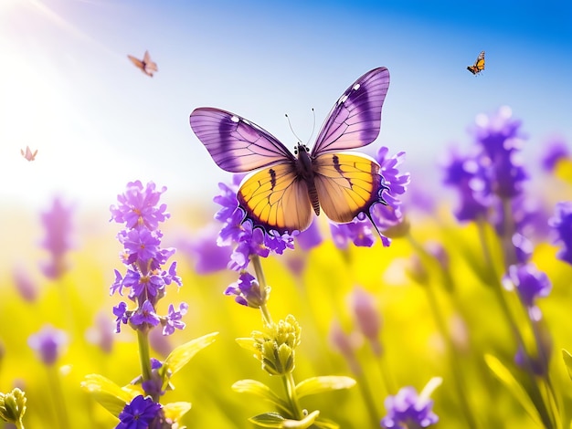 Fondo soleggiato della natura di estate con la farfalla della mosca e i fiori della lavanda con luce solare e bokeh