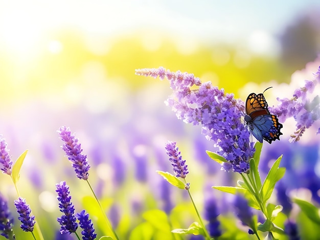 Fondo soleggiato della natura di estate con la farfalla della mosca e i fiori della lavanda con luce solare e bokeh