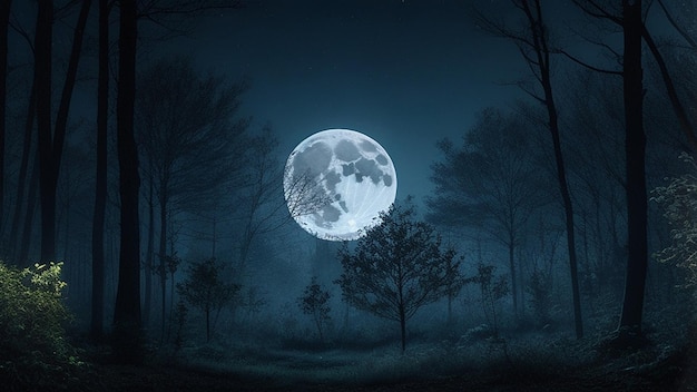 Fondo spettrale della foresta notturna con la luna piena