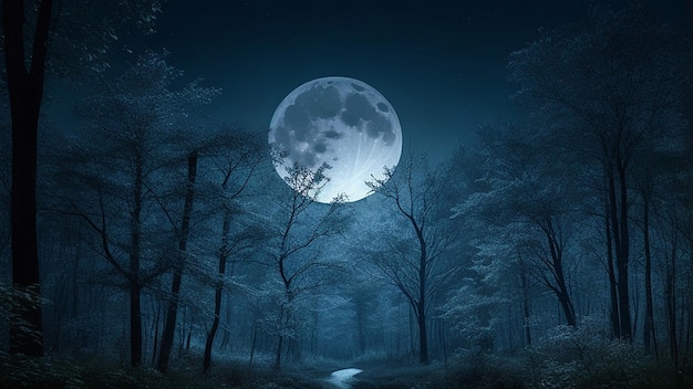 Fondo spettrale della foresta notturna con la luna piena