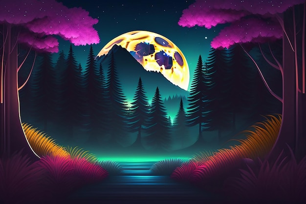 Fondo spettrale della foresta notturna con la luna piena