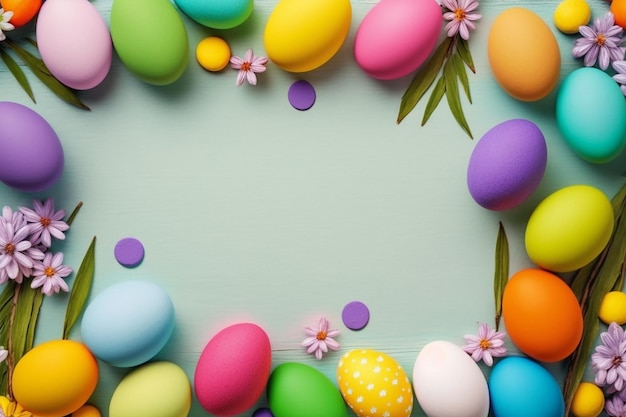 Fondo variopinto di Pasqua della molla con le uova dipinte ed i fiori generativi ai