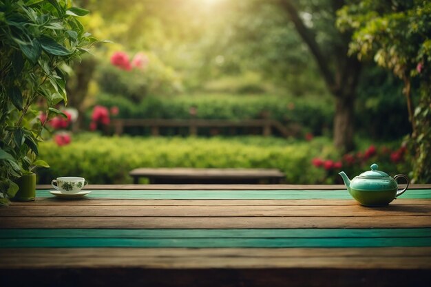 Fondo vuoto dell'insegna del giardino del tè del piano d'appoggio di legno