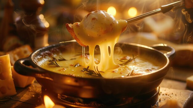 fondue al formaggio Il formaggio fuso gocciola da un pezzo di pane fresco in una cena a fondue a formaggio