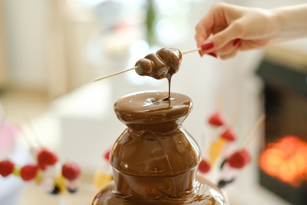 Fonduta con fontana di cioccolato e dolci per essa. Tema dolce