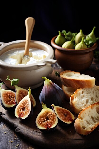 Fonduta di camembert con fichi e baguette su tela scura