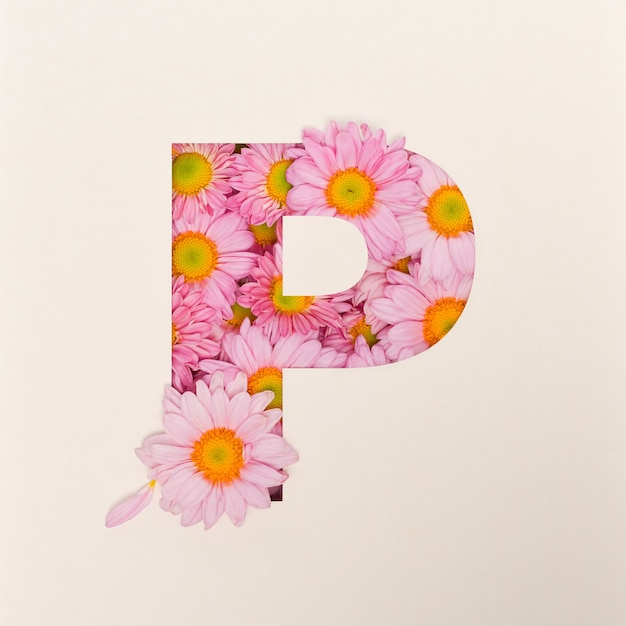Font design, carattere alfabeto astratto con fiore rosa, tipografia fiore realistico - P