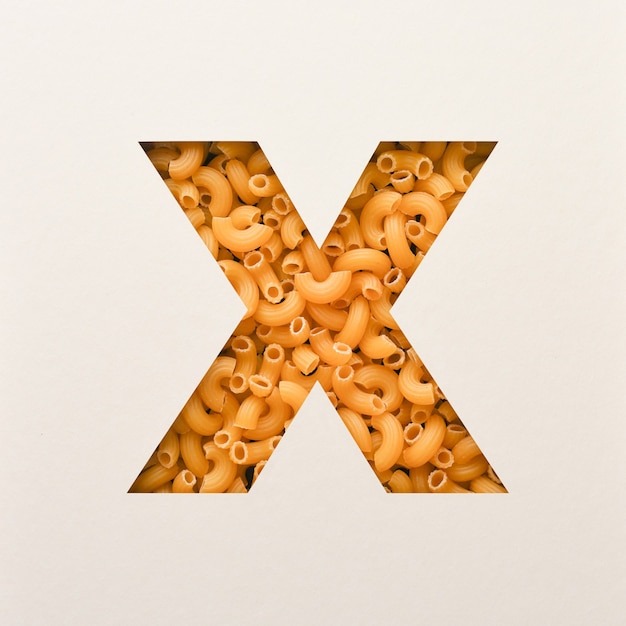 Font design, carattere alfabeto astratto con maccheroni al gomito, tipografia cibo realistico - X
