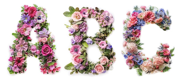 Font flower alfabeto A B realizzato con lettere floreali colorate su sfondo bianco