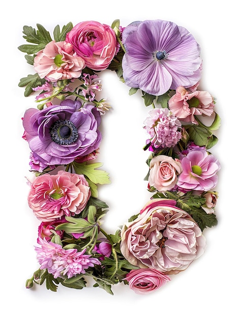 Font flower alfabeto D realizzato con lettere floreali colorate su sfondo bianco