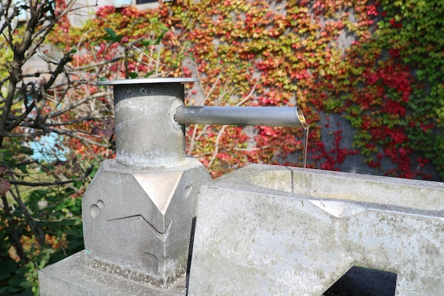 Fontana d'acqua in pietra con foglia d'acero rossa su sfondo vecchio muro Autunno in Giappone Oggetto e natura