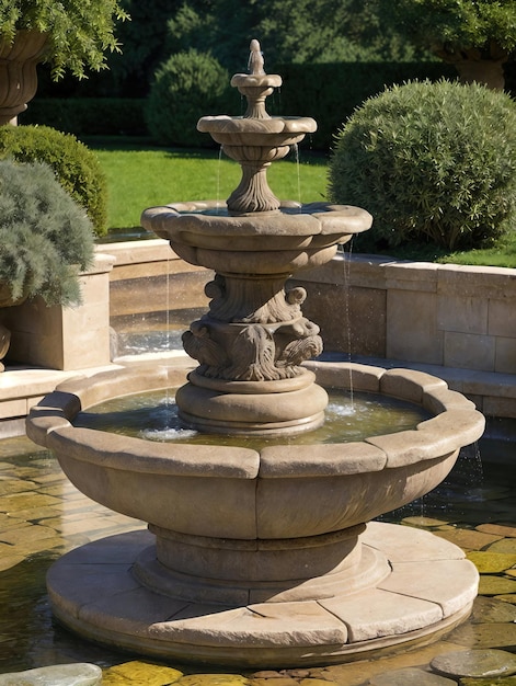 Fontana di pietra nel giardino in un giorno di sole aigenerato