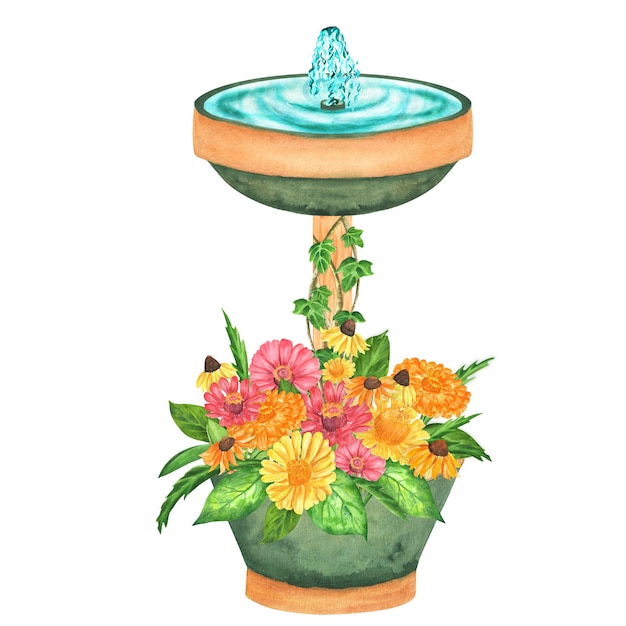 Fontana di uccelli dell'acquerello disegnato a mano con fiori in vaso