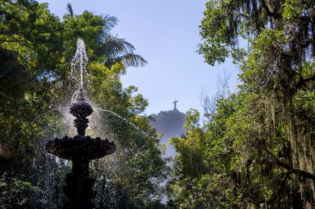 Fontana nel giardino botanico e sullo sfondo Cristo Redentore