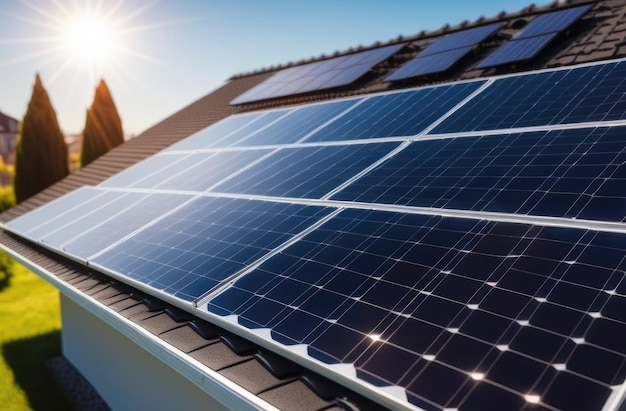 Fonte alternativa di elettricità pannelli solari sul tetto dell'edificio pannelli fotovoltaici produzione di energia rinnovabile giorno soleggiato