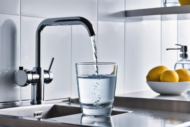 Fonte d'acqua della cucina Riempire un bicchiere di vetro con acqua pulita dal rubinetto