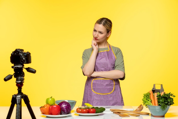 Food blogger carino sano chef che registra video per i social media pensando a cosa fare