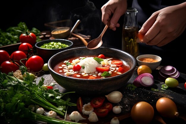 Food stylist che organizza Pozole per un servizio fotografico