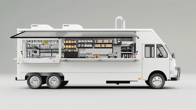 Food truck bianco con interni dettagliati cibo e bevande da asporto Generative Ai