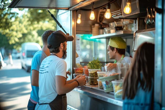 Food truck che vende cibo di strada al cliente Il concetto di cibo di strada con AI generato