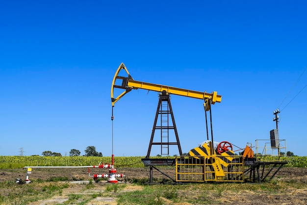 Foratura petrolifera sul campo contro un cielo blu limpido