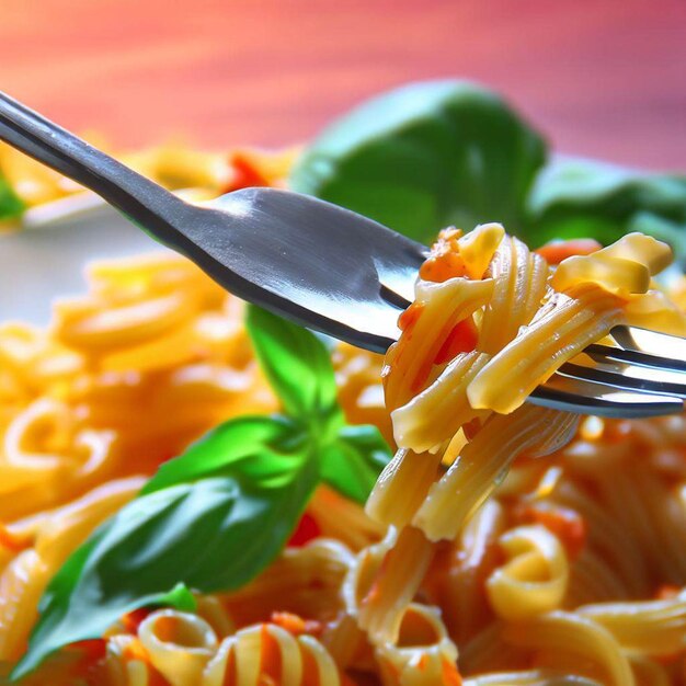 Forcella con gustosa pasta e basilico su sfondo colorato vista ravvicinata