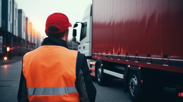 Foreman in uniforme che indossa il casco di sicurezza usando il portatile che controlla il carico dei contenitori