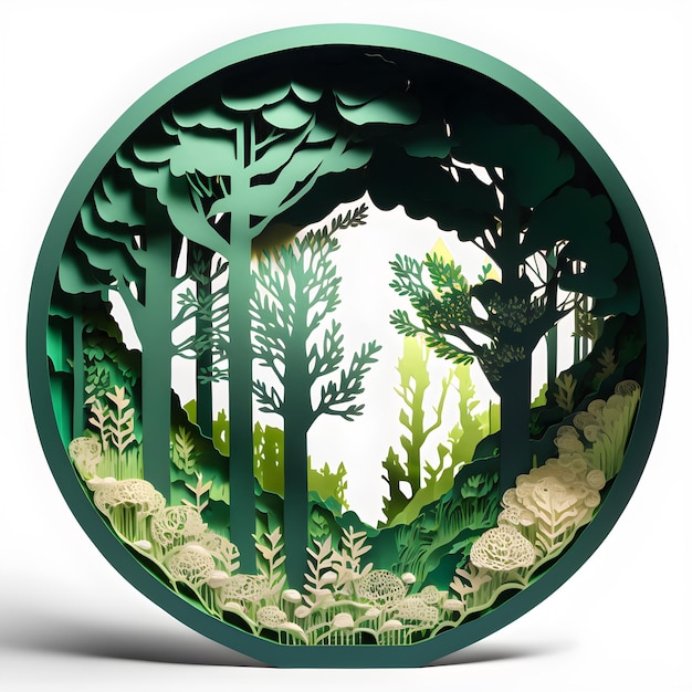 Forest Circle Papercut Diorama Origami Albero Generativo AI