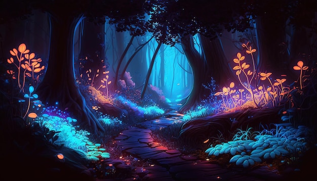 Forest Generated AI Sogno di un nuovo sentiero forestale con magia floreale e notte di colore al neon fantasy