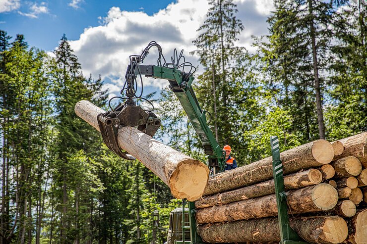 Photo forest industry felling of trees cut trees forest cutting area lumberjack with modern