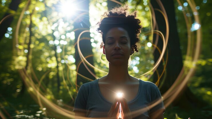 Forest Tranquility Woman Engaged in Meditation