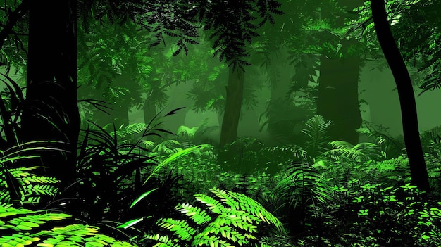 Foresta antica con aria ricca di umidità e ricco fogliame verde