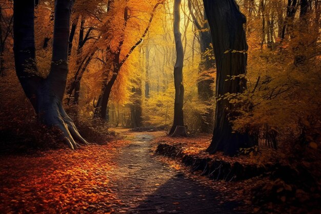 Foresta autunnale con foglie cadute all'alba