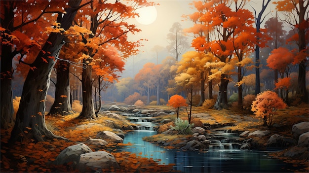 Foresta autunnale con foglie cadute e un'illustrazione del fiume