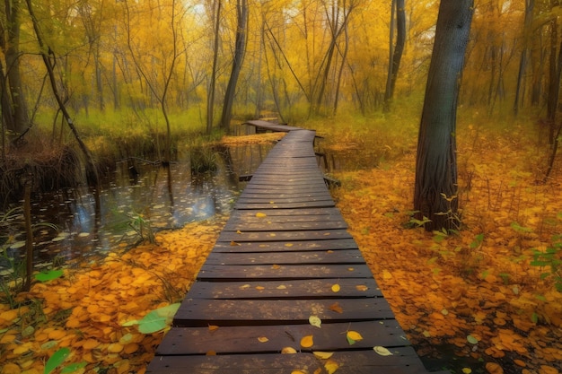 Foresta autunnale con percorso di papere e fogliame colorato