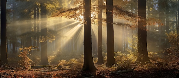 Foresta autunnale con raggi di sole e raggi di luce che brillano attraverso gli alberi