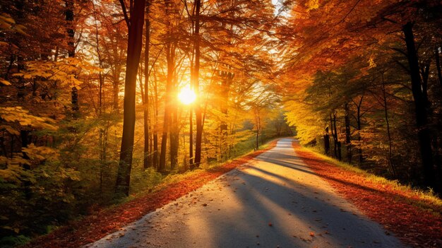 Foresta autunnale con strada di campagna al tramonto AI generativo