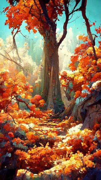 Foresta autunnale nell'illustrazione 3D del mattino soleggiato