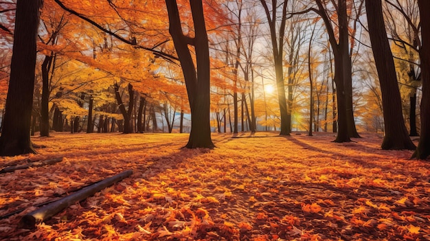 Foresta autunnale vibrante con alberi e foglie cadute sul terreno generata dall'AI