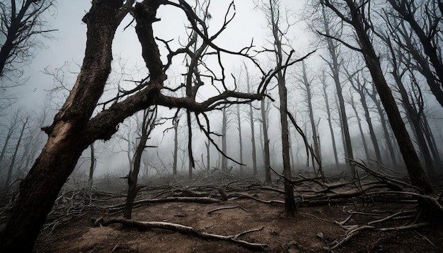 Foresta buia con alberi morti nella nebbia rami secchi rotti paesaggio misterioso atmosfera mistica