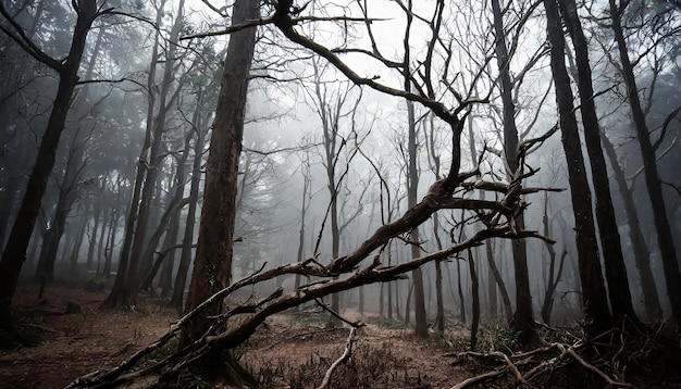 Foresta buia con alberi morti nella nebbia rami secchi rotti paesaggio misterioso atmosfera mistica