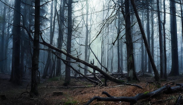 Foresta buia con alberi morti nella nebbia rami secchi rotti paesaggio misterioso atmosfera mistica